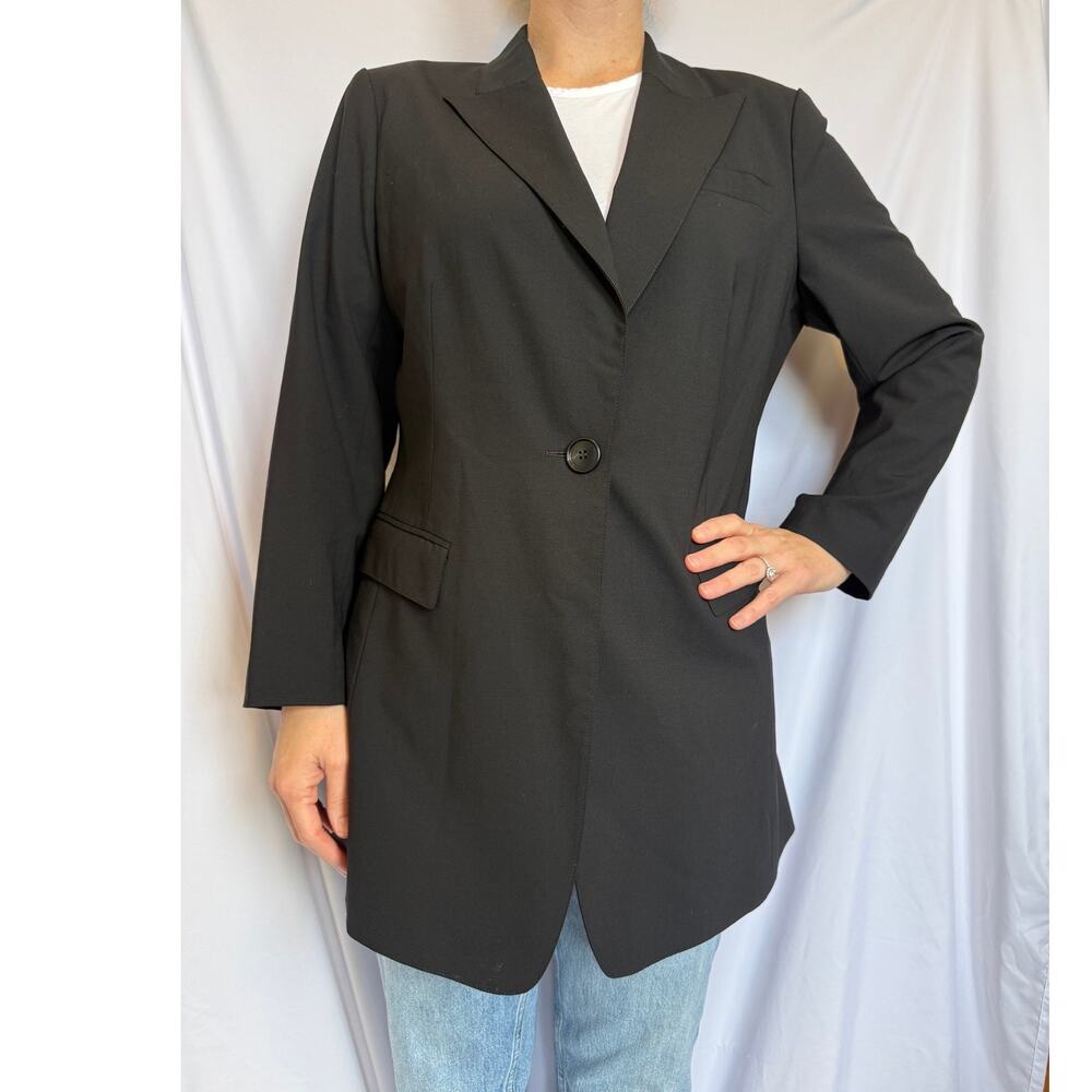 Lafayette 148 Plus Long Blazer, Black Single Button Wool Crepe, 14